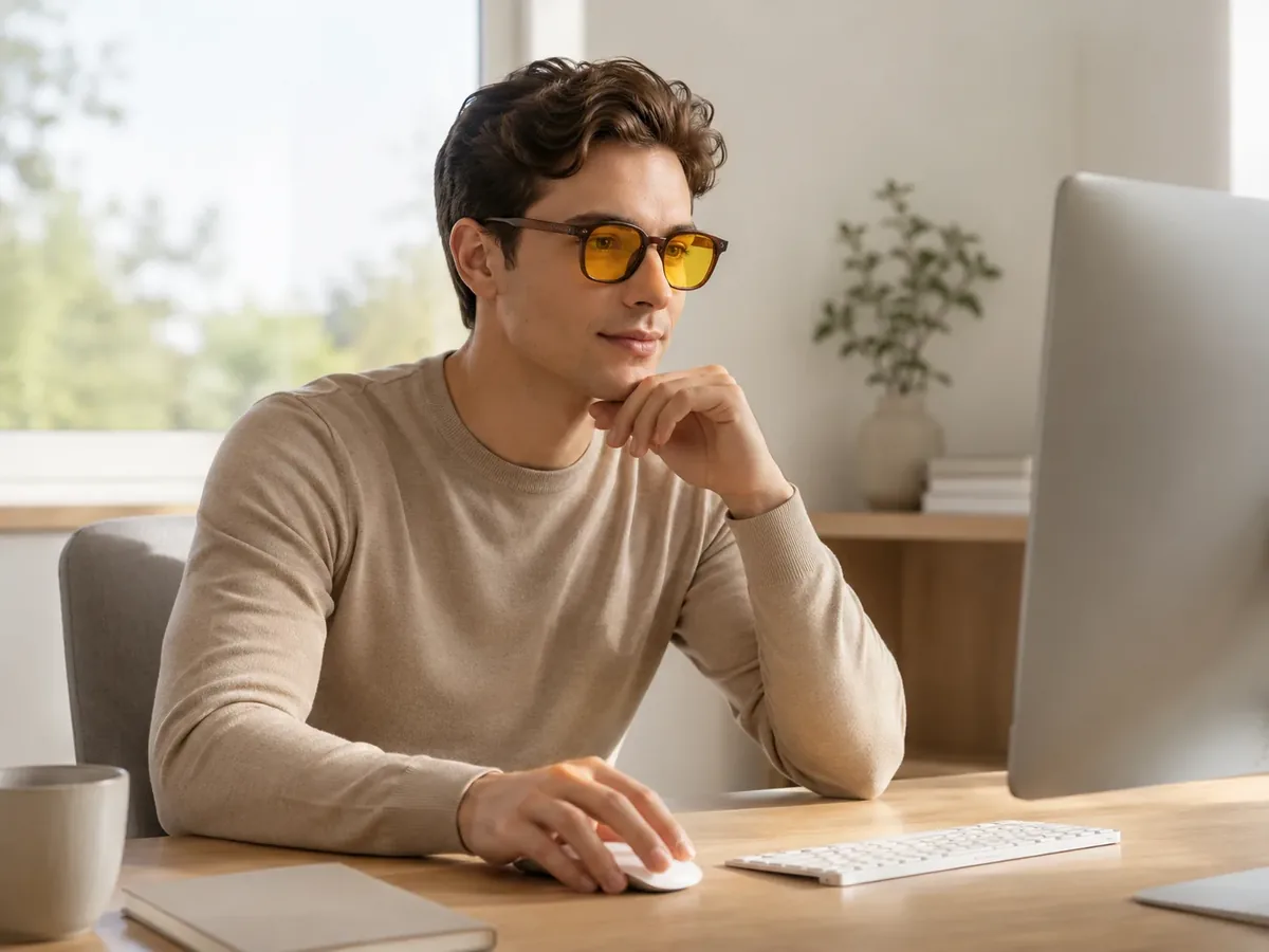 Bărbat la birou, concentrat, purtând NEUROS Amber